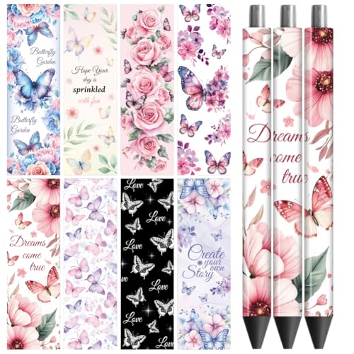 Peacoblue UV DTF Pen Wraps Transferaufkleber Schmetterlinge und Rosen blühen, 48 Stück wasserdichte HD-Druck UV DTF Pen Aufkleber für personalisierte DIY Bleistift Stift Handwerk Geschenke Schenken von peacoblue