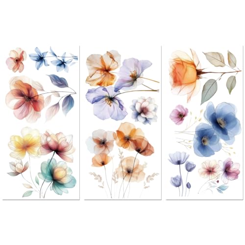 Peacoblue UV DTF Rub-On Transferfolie Möbel-Sticker Bunte Aquarellblumen Muster 15x30cm, 3 Stk. Wasserfeste Deko-Transferaufkleber für Möbel Gläser Porzellan Wäscheschränke Kommoden Holz Kunststoff von peacoblue