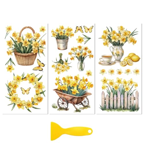Peacoblue UV DTF Rub-On Transferfolie Möbel-Sticker Gelbe Narzissen und Blumen Muster 15x30cm, 3 Stk. Wasserfeste Deko-Transferaufkleber für Möbel Glas Porzellan Wäscheschränke Kommoden Kunststoff von peacoblue