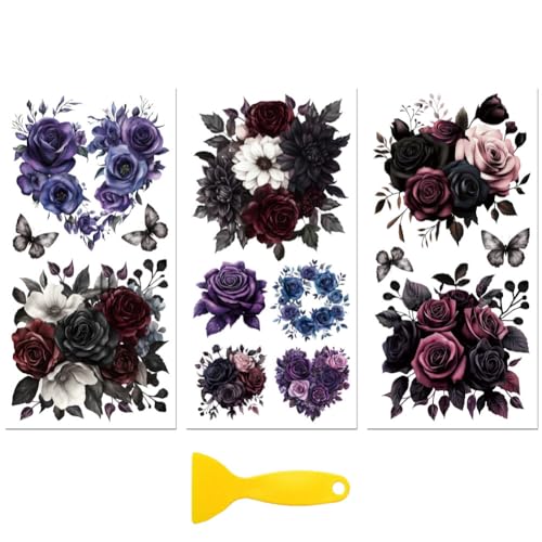 Peacoblue UV DTF Rub-On Transferfolie Möbel-Sticker Gotische Blumen Muster 15x30cm, 3 Stk. Wasserfeste Deko-Transferaufkleber für Möbel Glas Gläser Porzellan Wäscheschränke Kommoden Holz Kunststoff von peacoblue