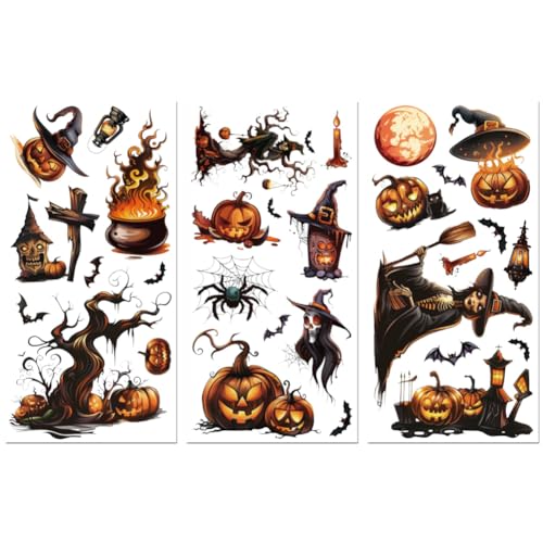Peacoblue UV DTF Rub-On Transferfolie Möbel-Sticker Halloween-Kürbis und Hut Muster 15x30cm, 3 Stk. Wasserfeste Deko-Transferaufkleber für Möbel Glas Porzellan Wäscheschränke Kommoden Holz Kunststoff von peacoblue
