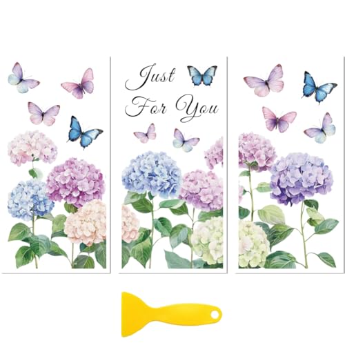 Peacoblue UV DTF Rub-On Transferfolie Möbel-Sticker Hortensienbusch und Schmetterling 15x30cm, 3 Stk. Wasserfeste Deko-Transferaufkleber für Möbel Glas Porzellan Wäscheschränke Kommoden Kunststoff von peacoblue