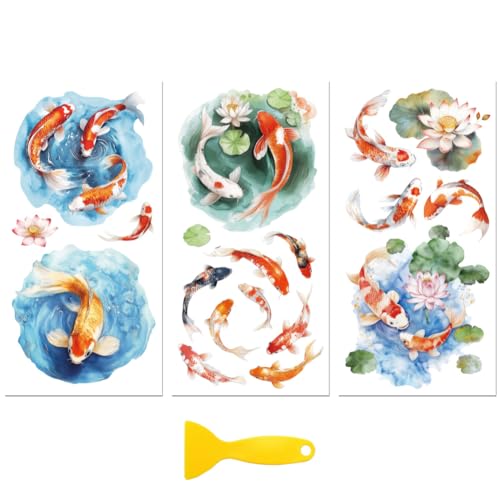 Peacoblue UV DTF Rub-On Transferfolie Möbel-Sticker Koi mit Lotusblatt und Blumen Muster 15x30cm, 3 Stk. Wasserfeste Deko-Transferaufkleber für Möbel Glas Porzellan Wäscheschränke Kommoden Kunststoff von peacoblue
