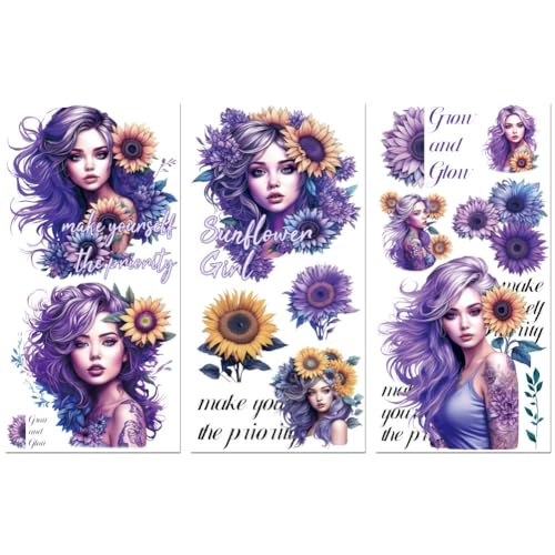 Peacoblue UV DTF Rub-On Transferfolie Möbel-Sticker Lila Sonnenblumen und Damen Muster 15x30cm, 3 Stk. Wasserfeste Deko-Transferaufkleber für Möbel Glas Porzellan Wäscheschränke Kommoden Kunststoff von peacoblue