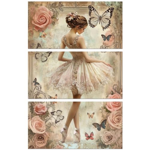 Peacoblue UV DTF Rub-On Transferfolie Möbel-Sticker Retro Balletttänzerin und rosa Rosen 15x30cm, 3 Stk. Wasserfeste Deko-Transferaufkleber für Möbel Glas Porzellan Wäscheschränke Kommoden Kunststoff von peacoblue
