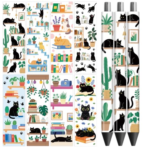 Peacoblue UV DTF Stiftfolien Transferaufkleber Bücherregal Katze – 48 Stück Wasserdichte High Definition-Druck Klebefolien für personalisierte DIY-Stifte, Dekoration & Muttertagsgeschenke von peacoblue