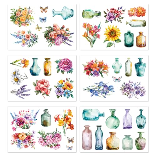 Peacoblue Vase und Blumen Fensterbilder Selbstklebend 20cm x 30cm, 6 Blätter mit 46 Mustern, dekorative abnehmbare Fenster Aufkleber Dekol für Zuhause und Büro von peacoblue