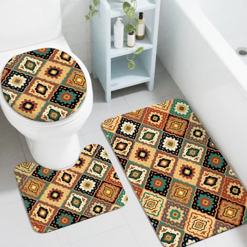 peacoblue Marokkanische Muster Badezimmerteppich-Set 3-teilig mit WC-Deckelbezug, rutschfestes Badezimmerteppich- und Matten-Set von peacoblue