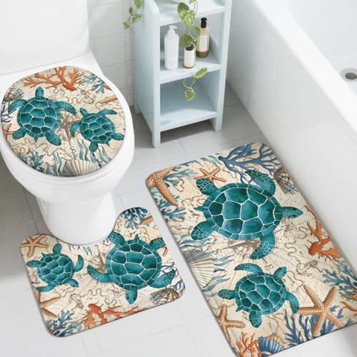 peacoblue Meeresschildkröte Badezimmerteppich-Set 3-teilig mit WC-Deckelbezug, rutschfestes Badezimmerteppich- und Matten-Set von peacoblue