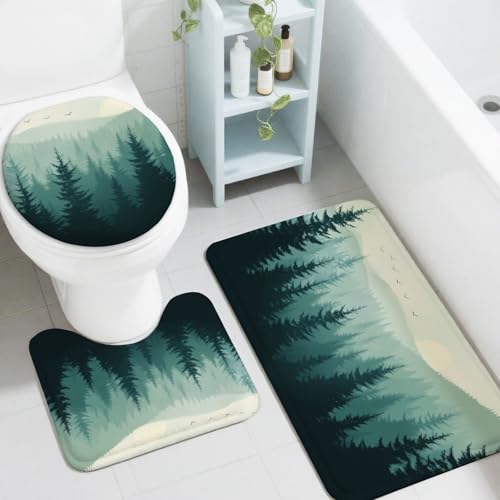 peacoblue Nebelwald Badezimmerteppich-Set 3-teilig mit WC-Deckelbezug, rutschfestes Badezimmerteppich- und Matten-Set von peacoblue
