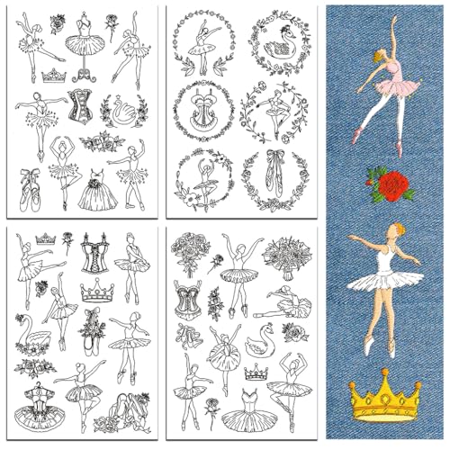 peacoblue Stickvorlagen Wasserlöslich für Anfänger 4 Sheet Ballett with 51pcs Muster, Wash Away Stick and Stitch Auflösbares Stickereipapier für Handnähbegeisterte Frauen Erwachsene von peacoblue