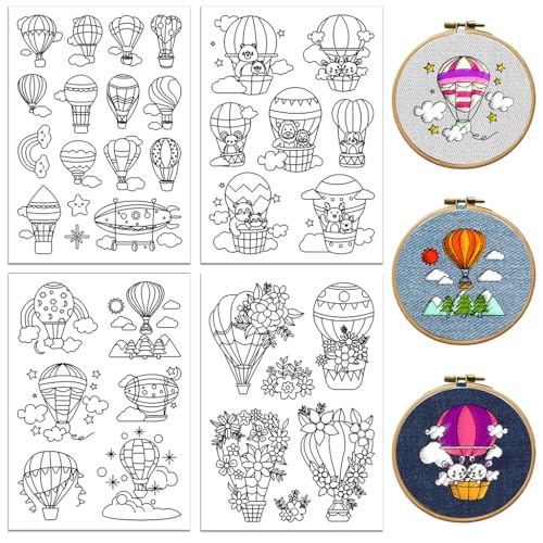 peacoblue Stickvorlagen Wasserlöslich für Anfänger 4 Sheet Heißluftballon with 35pcs Muster, Wash Away Stick and Stitch Auflösbares Stickereipapier für Handnähbegeisterte Frauen Erwachsene von peacoblue