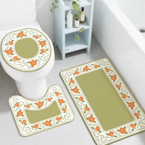 peacoblue Vintage-Pastoralstil Blumen Badezimmerteppich-Set 3-teilig mit WC-Deckelbezug, rutschfestes Badezimmerteppich- und Matten-Set von peacoblue