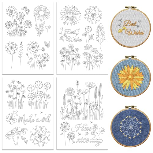 peacoblue WasserlöSliche Stickmuster FüR AnfäNger, LöWenzahnblume, 4 Blatt Mit 20 StüCk Abwaschbaren Stickmusterstabilisatoren Zum HandnäHen, Frauen Und Erwachsene von peacoblue