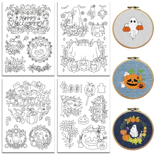 peacoblue Wasserlösliche Stickmuster für Anfänger, 4 Bögen, Halloween-Geistergesicht und Kürbis mit 25 Mustern, abwaschbares Stickpapier für Handnähliebhaber von peacoblue