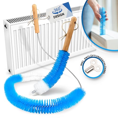 PEARWAY Heizkörperbürste 2er Set + Entflüftungsschlüssel - Heizkörperbürste lang senkt Heizkosten effektiv - Heizkörper Reinigungsbürste - extra Feste Borsten - Heizungsbürste lang - Heizung reinigen von pearway