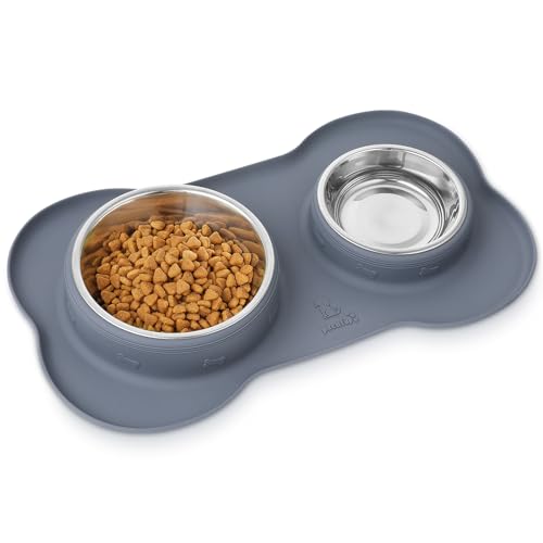 Pecute Futternapf Fressnapf Hunde Katzen S (200ml+ 400ml), Hundenapf Edelstahl Katzenapf mit Rutschfesten Silikon Tablett Matte,Schüssel Lebensmittel Wassernapf Grau von pecute