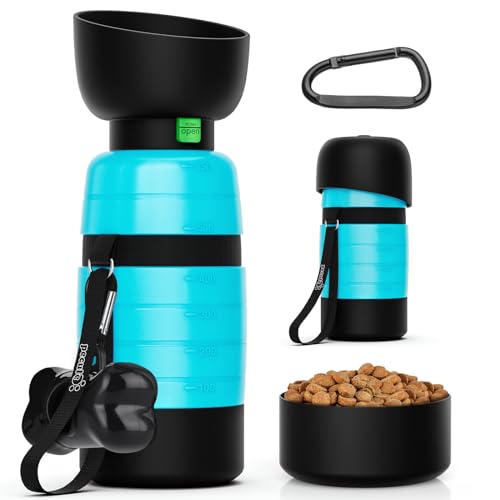 Pecute Hundewasserflasche, tragbar, 623.7 g mit 142.7 g Futterbehälter, Kotbeutelhalter, tragbarer Hundewasserflaschenspender, auslaufsicher, leicht, Haustier-Wasserflasche für Hunde, Outdoor, Reisen, von pecute