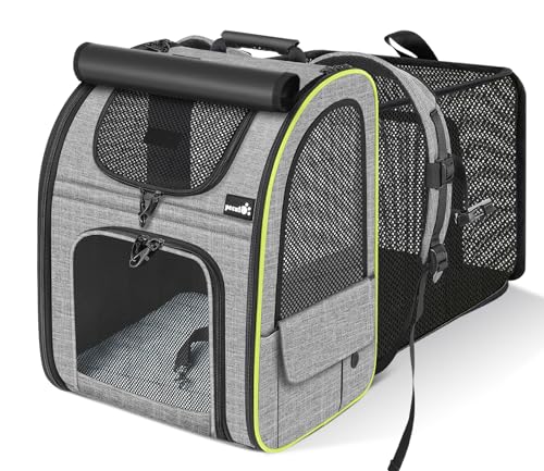 pecute Haustier Rucksack mit Netzfenster, Erweiterbarer Platz, Tragbare & Faltbare Katzentasche mit Vorhang Oben, Atmungsaktive Hundetasche, Wasserdichtes Oxford-Tuch, Ideal für Reisen, Grau L von pecute