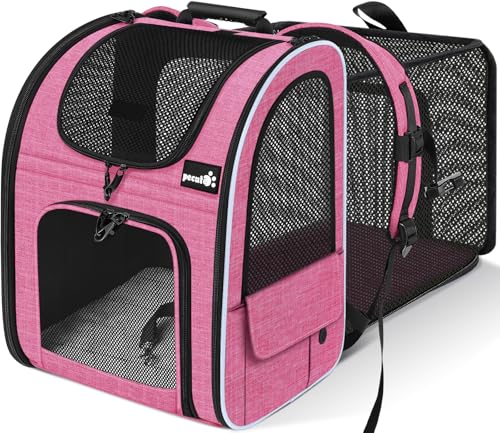 pecute Hunderucksack, Erweiterbar Faltbar, Katzenrucksack Große Katzen mit Anti-offener Reißverschluss, Rucksack Hund mit Netz Fenster Rosa, für Hunde Katzen Haustiere (34 * 27 * 44cm) von pecute