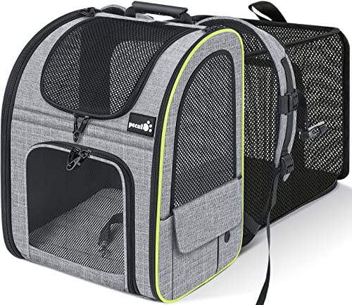 pecute Hunderucksack, Erweiterbar Faltbar, Katzenrucksack Große Katzen mit Anti-offener Reißverschluss, Rucksack Hund mit Netz Fenster Grau, für Hunde Katzen Haustiere (34 * 27 * 44cm) von pecute