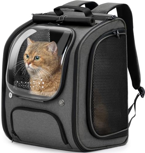 pecute Katzenrucksack Bubble Haustier Rucksack mit Netzfenster, Tragbare und Faltbare Katzentasche, Atmungsaktive und Leichte Hundetasche, Grau von pecute