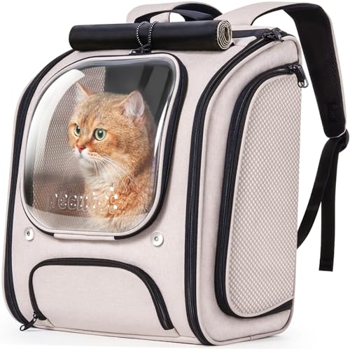 pecute Katzenrucksack Bubble Haustier Rucksack mit Netzfenster, Tragbare und Faltbare Katzentasche, Atmungsaktive und Leichte Hundetasche für Hunde Katzen Haustiere, Khaki (42 * 32 * 26cm) von pecute