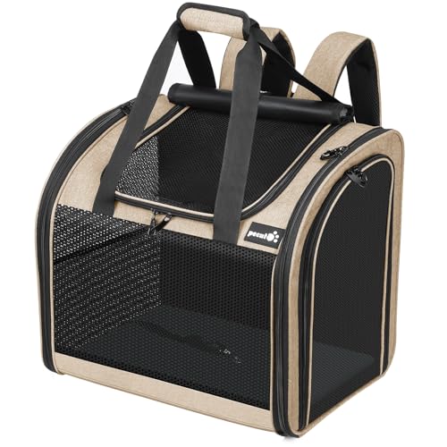 pecute Rucksack Hunde & 2 Kleine Katzen, Katzentrage, Haustier Handtasche und Rucksack, Haustiertrage mit belüftetem Design, Faltbarer Haustiertrage-Rucksack für Hunde und Katzen, Khaki von pecute