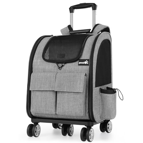 pecute Rucksäcke Trolley für Hund und Katzen, Hundetrolley Katzentransportbox mit Mesh Fenster, Faltbare Transporttasche, Leichte Hundewagen,Grau von pecute