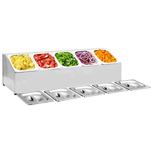 pedkit Salatbar mit 5 Edelstahl GN Aufsatzboard Gastronorm Behälter, Gastro Zutatenbehälter inkl. 5 Stück (GN) 1/6 Behälter mit Deckel, abgeschrägtes Gestell mit Anti-Rutsch Füßen von pedkit