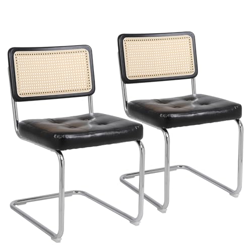 Modernes 2er-Set Esszimmerstühlen Gepolsterte Natürliche Rattan Küchenstühle,armlose Mesh Rückenlehne Rattan Stühle, Metall Chrom Beine﻿(Schwarz) von peiaw