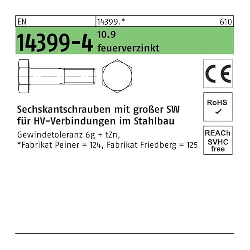 Peiner EN 14399-4 10.9 M 20 x 100 Sechskantschrauben tZn K1 -P- tZn S von peiner