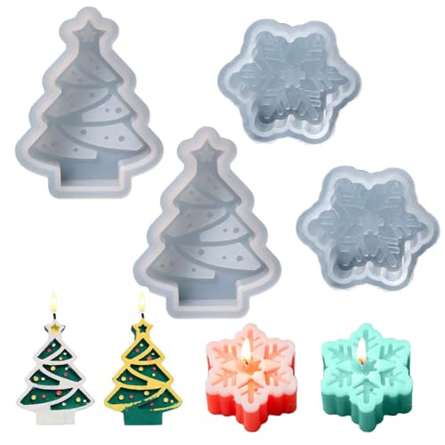 peiyee 4 StüCk 3d Weihnachtsbaum KerzengießForm,Silikonform Schneeflocke Resin,Weihnachtsbaum Kerzen Silikonform,3d Schneeflocke Silikonform FüR Weihnachten, Zuhause Party, Heimdeko von peiyee
