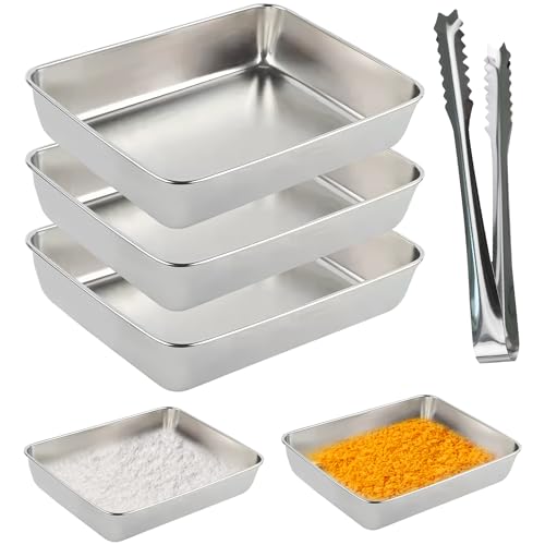 peiyee Panierschalen Set 3-Teilig mit Clip, Stapelbar Panierstrasse Edelstahl Schale Rechteckig 25 x 20 x 5 cm, Panier Set Gastro für Lagerung von Lebensmitteln von peiyee