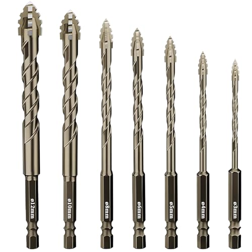 peiyee Vierschneidiger Sägezahn Exzenterbohrer Set, 7-Teiliger Gezahnte Bohrer mit Durchmesser von 3/4/5/6/8/10/12 mm, Hochfeste Exzenterbohrer aus Wolframstahl für Beton,Marmor,Glas,Holz,Kunststoff von peiyee