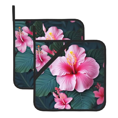 2 Topflappen mit Tasche, hitzebeständiges Topfuntersetzer für Arbeitsplatten, Hawaii-Pink-Blumen-Topflappen zum Kochen und Backen in der Küche von peiyeety