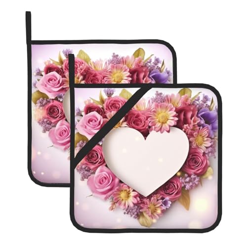 2 Topflappen mit Tasche, hitzebeständiges Topfuntersetzer für Arbeitsplatten, Topflappen in Herzform mit Blumen aus Karton zum Kochen und Backen in der Küche von peiyeety