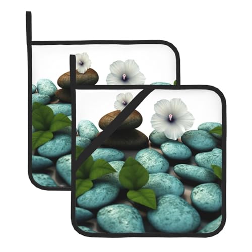 2 Topflappen mit Tasche, hitzebeständiges Topfuntersetzer für Arbeitsplatten, Topflappen mit Kopfsteinpflaster-Zen-Blumen zum Kochen und Backen in der Küche von peiyeety