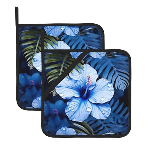 2 Topflappen mit Tasche, hitzebeständiges Topfuntersetzer für Arbeitsplatten, Topflappen mit blauen Blumen und tropischen Motiven für die Küche, zum Kochen und Backen von peiyeety