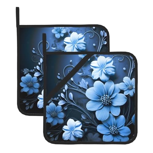2 Topflappen mit Tasche, hitzebeständiges Topfuntersetzer für Arbeitsplatten, Topflappen mit blauen Blumen zum Kochen und Backen in der Küche von peiyeety
