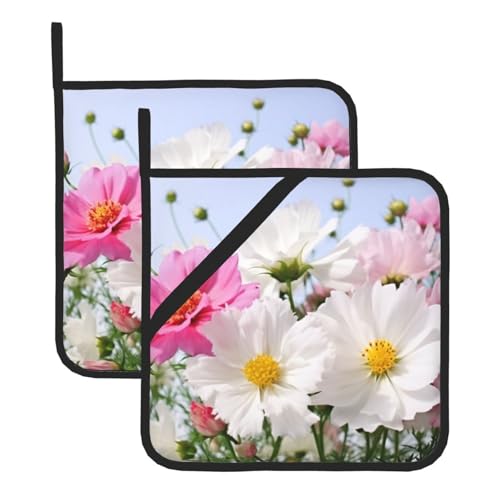 2 Topflappen mit Tasche, hitzebeständiges Topfuntersetzer für Arbeitsplatten, Topflappen mit rosa und weißen Blumen zum Kochen und Backen in der Küche von peiyeety
