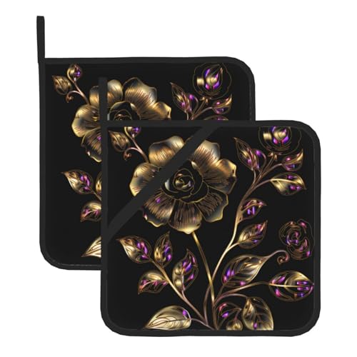 2 Topflappen mit Tasche, hitzebeständiges Topfuntersetzer für Arbeitsplatten, Topflappen mit schwarzen und goldenen Blumen zum Kochen und Backen in der Küche von peiyeety