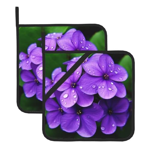 2 Topflappen mit Tasche, hitzebeständiges Topfuntersetzer für Arbeitsplatten, Violette Blumen-Topflappen zum Kochen und Backen in der Küche von peiyeety