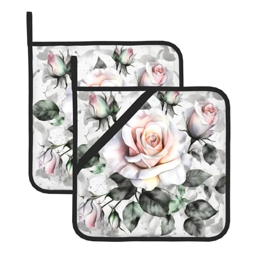 2 Topflappen mit Tasche, hitzebeständiges Topfuntersetzer für Arbeitsplatten, weiße Topflappen mit Aquarell-Blumen und Rosenmotiv für die Küche, zum Kochen und Backen von peiyeety