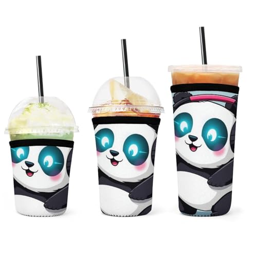 3er-Pack Kaffeehülle, isolierte Neopren-Becherhülle, wiederverwendbare schwarz-weiße Panda-Tierkopfhörer-Musik-Becherhülle mit süßem Panda, Getränke bleiben kalt oder heiß, Zubehör 3er-Pack Kaffeehülle, isolierte Neopren-Becherhülle, wiederverwendbare schwarz-weiße Panda-Tierkopfhörer-Musik-Becherhülle mit süßem Panda, Getränke bleiben kalt oder heiß, Zubehör von peiyeety