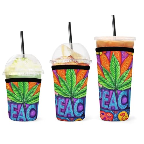 3er-Pack Kaffeehüllen, isolierte Neopren-Becherhüllen, wiederverwendbare Becherhülle mit buntem Blumen- und Unkrautblattmotiv von Germand Love, Getränke bleiben kalt oder heiß von peiyeety
