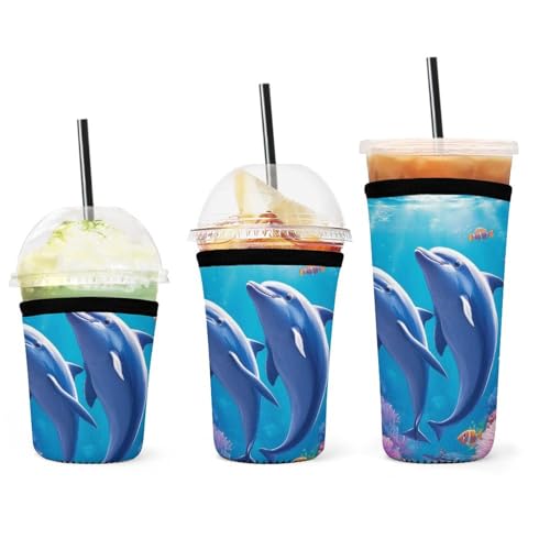 3er-Pack Kaffeehüllen, isolierte Neopren-Becherhüllen, wiederverwendbare Tassenhülle mit Meeres-Unterwassermotiv, wunderschöne Delfine in der Meereswelt, Getränke bleiben kalt oder heiß, Zubehör 3er-Pack Kaffeehüllen, isolierte Neopren-Becherhüllen, wiederverwendbare Tassenhülle mit Meeres-Unterwassermotiv, wunderschöne Delfine in der Meereswelt, Getränke bleiben kalt oder heiß, Zubehör von peiyeety