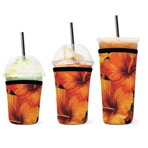 3er-Pack wiederverwendbare Becherhüllen mit orange-gelbem Blumen- und Geparden-Leopardenmuster, Isolierhülle für eisgekühlte und heiße Getränke, Kühler für kalte Getränke 3er-Pack wiederverwendbare Becherhüllen mit orange-gelbem Blumen- und Geparden-Leopardenmuster, Isolierhülle für eisgekühlte und heiße Getränke, Kühler für kalte Getränke von peiyeety