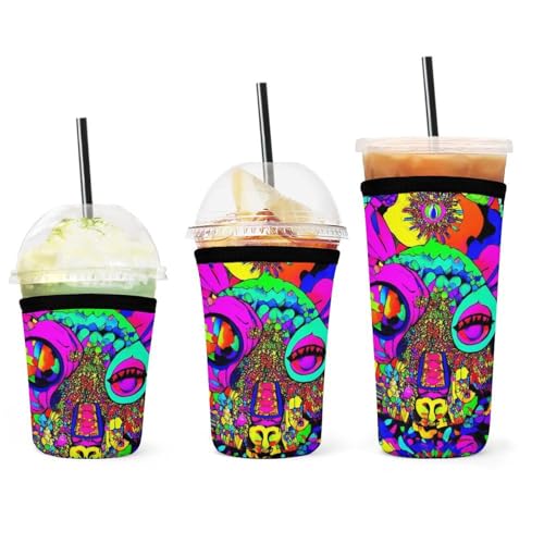3er-Pack wiederverwendbare Eiskaffeehüllen mit Trippy-Buntkunst, Isolierhülle für kalte Getränke, Getränkehülle aus Neopren, leicht zu reinigen von peiyeety