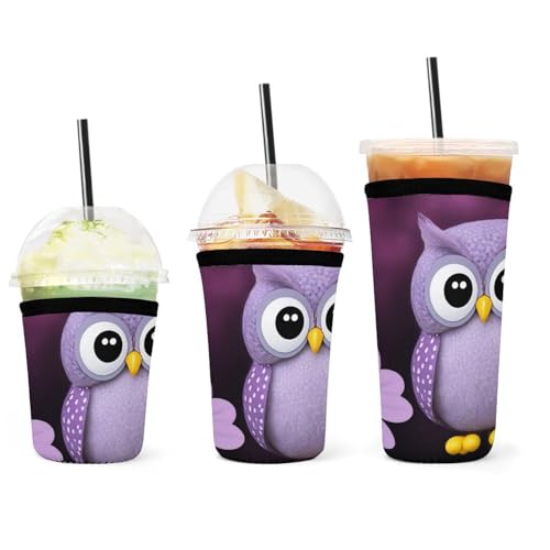 3er-Pack wiederverwendbare Eiskaffeehüllen mit lila Blumen- und Eulenmotiv, Isolierbecherhülle für kalte und heiße Getränke, rutschfeste Neopren-Dosenkühlerhüllen 3er-Pack wiederverwendbare Eiskaffeehüllen mit lila Blumen- und Eulenmotiv, Isolierbecherhülle für kalte und heiße Getränke, rutschfeste Neopren-Dosenkühlerhüllen von peiyeety